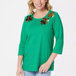 NWT Quacker Factory‎ Green St PatrickS Day Sequin Knit 3/4 Sleeve Top Size XL